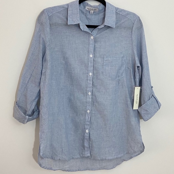 Tops - Blue/White Striped Button-Down Top